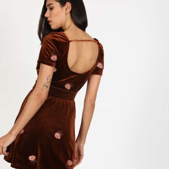HONEY BELLE | Copper Brown Velvet Floral Fit And Flare Scoop Neck Corset Dress L - Picture 2 of 16